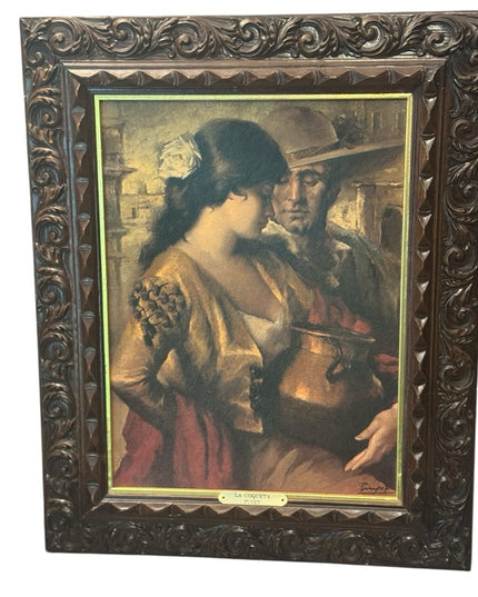 Framed Spanish Vintage Art Print with Ornate Carved Wood Frame