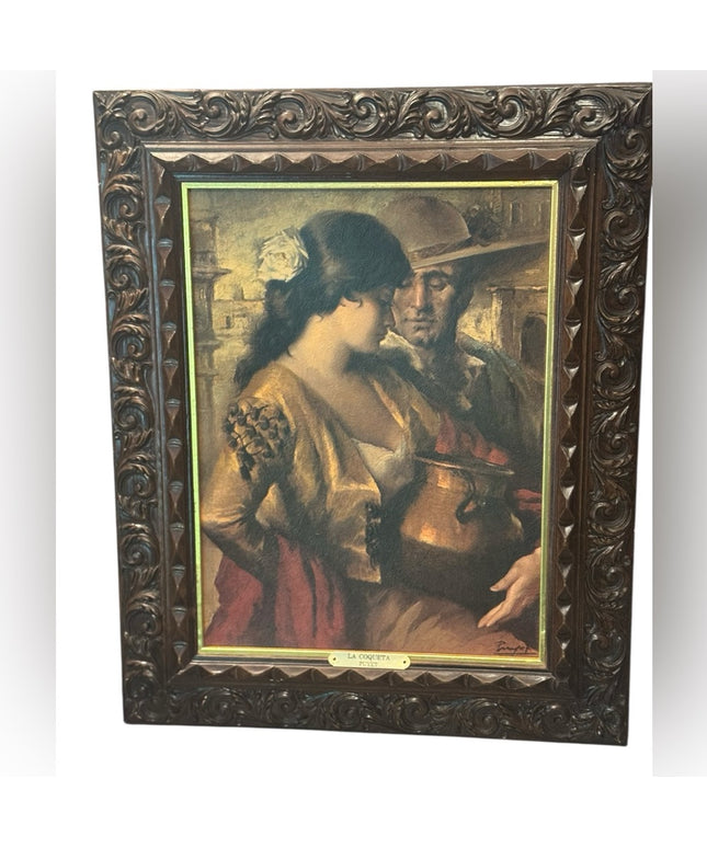 Framed Spanish Vintage Art Print with Ornate Carved Wood Frame