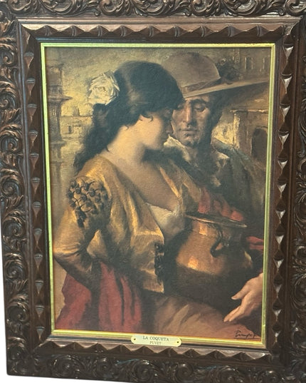 Framed Spanish Vintage Art Print with Ornate Carved Wood Frame
