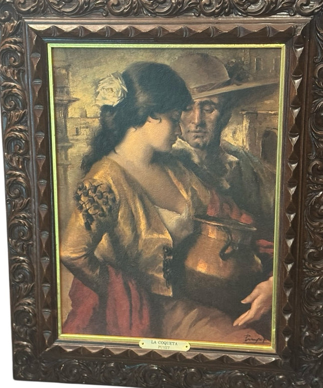 Framed Spanish Vintage Art Print with Ornate Carved Wood Frame