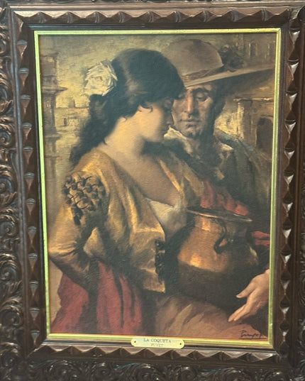 Framed Spanish Vintage Art Print with Ornate Carved Wood Frame