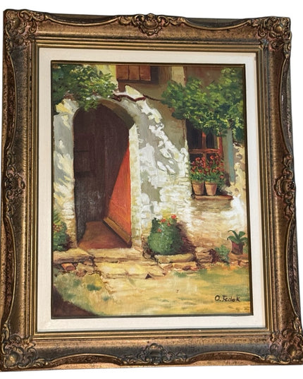 Rustic Doorway Painting French Stone Cottage Building Interior 1950s Oil Framed