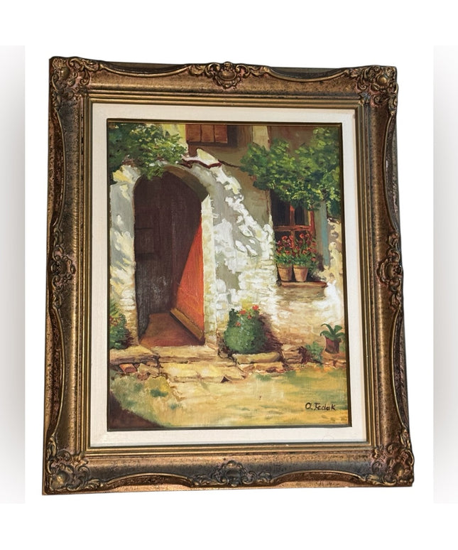 Rustic Doorway Painting French Stone Cottage Building Interior 1950s Oil Framed