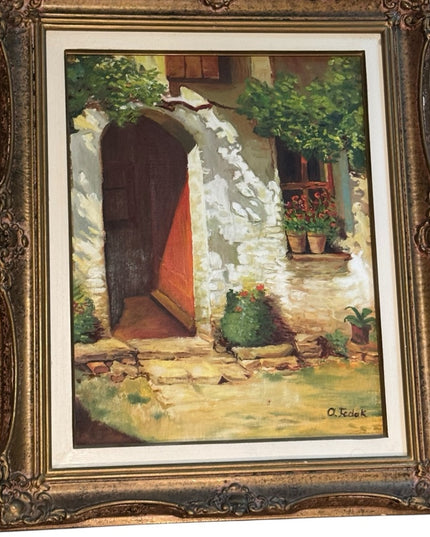 Rustic Doorway Painting French Stone Cottage Building Interior 1950s Oil Framed