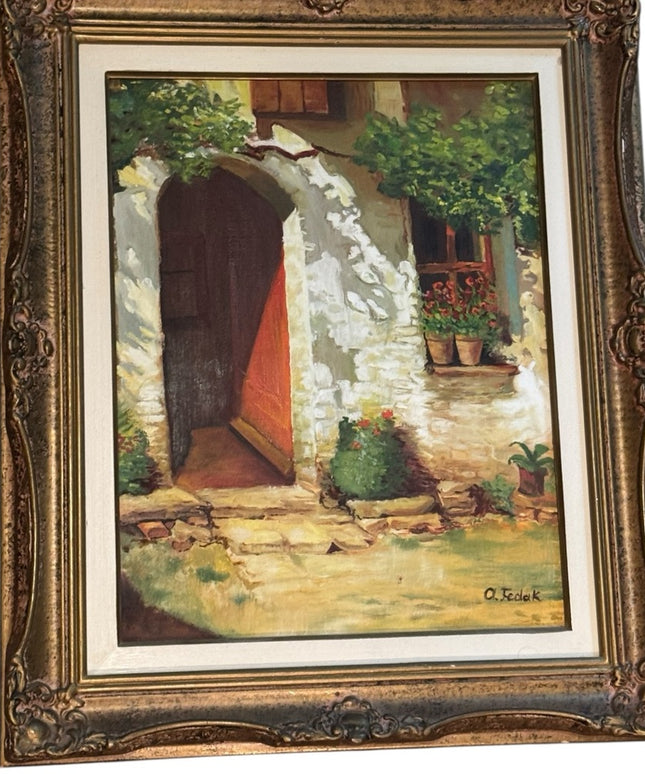 Rustic Doorway Painting French Stone Cottage Building Interior 1950s Oil Framed