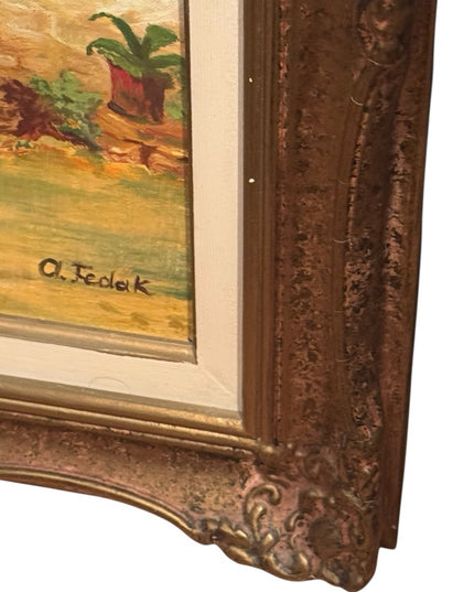 Rustic Doorway Painting French Stone Cottage Building Interior 1950s Oil Framed