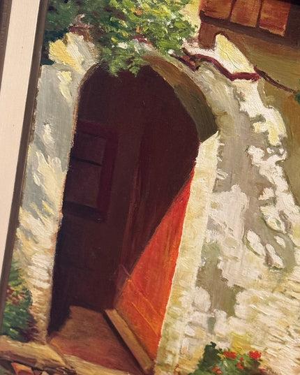 Rustic Doorway Painting French Stone Cottage Building Interior 1950s Oil Framed