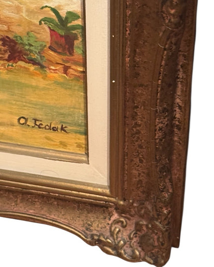 Rustic Doorway Painting French Stone Cottage Building Interior 1950s Oil Framed