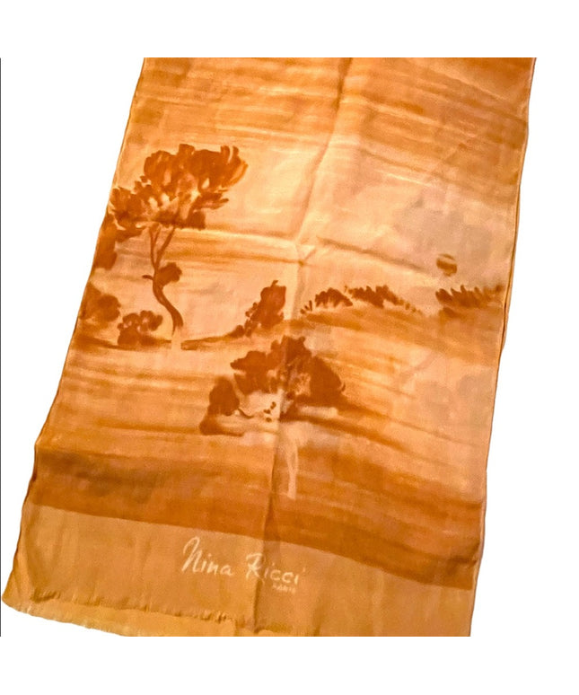 Nina Ricci Paris France Vintage SILK Scarf tree landscape peach color
