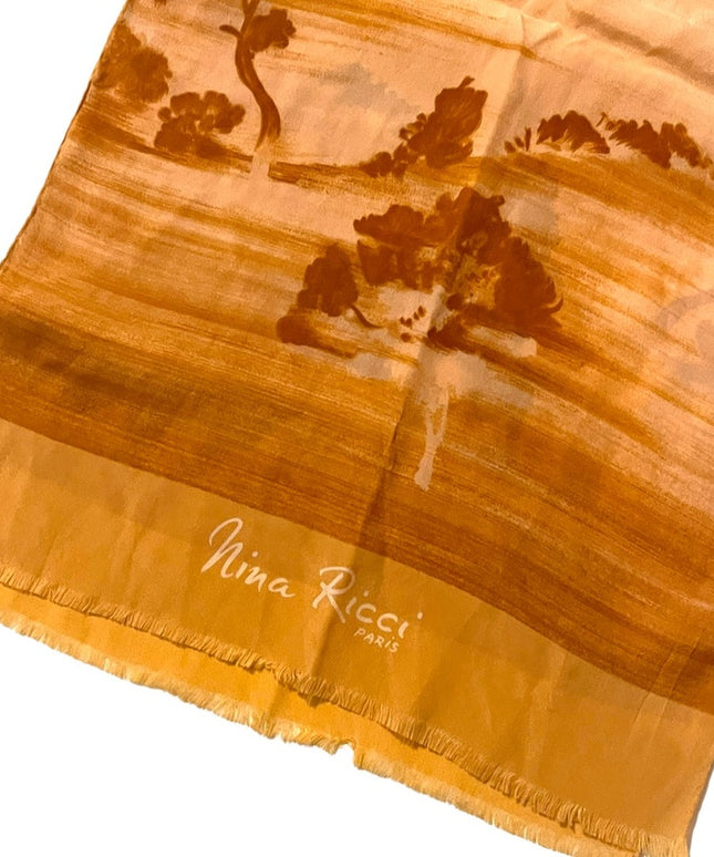 Nina Ricci Paris France Vintage SILK Scarf tree landscape peach color