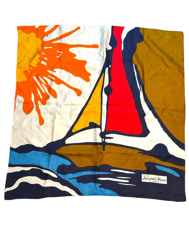 Jacques Heim Colorful Vintage Sailboat Silk Scarf Paris France RARE