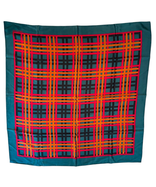 Vintage Albert Nippon Plaid Silk Scarf in Teal and Red