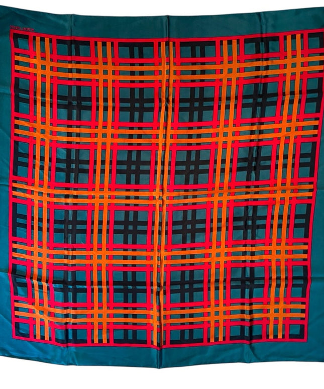 Vintage Albert Nippon Plaid Silk Scarf in Teal and Red