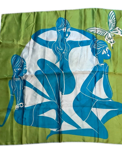 Jean Pierre Roger Paris Vintage Green & Blue Modernist Women Silk Scarf RARE