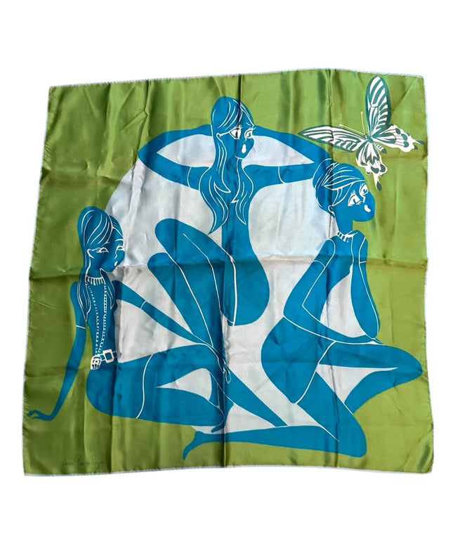 Jean Pierre Roger Paris Vintage Green & Blue Modernist Women Silk Scarf RARE