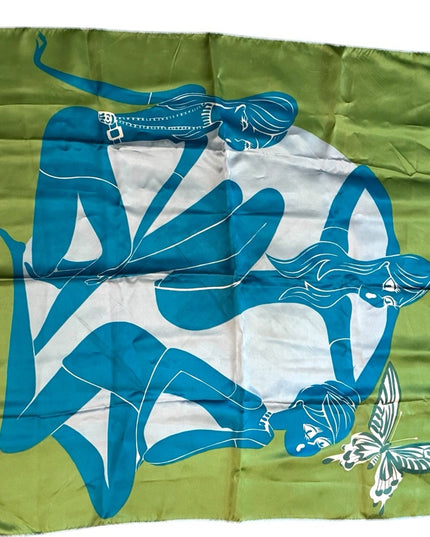 Jean Pierre Roger Paris Vintage Green & Blue Modernist Women Silk Scarf RARE