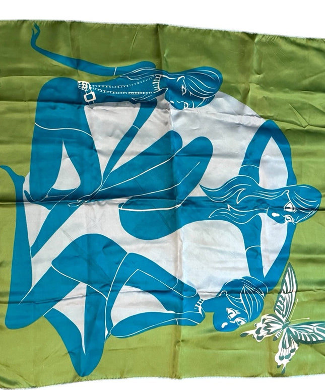 Jean Pierre Roger Paris Vintage Green & Blue Modernist Women Silk Scarf RARE