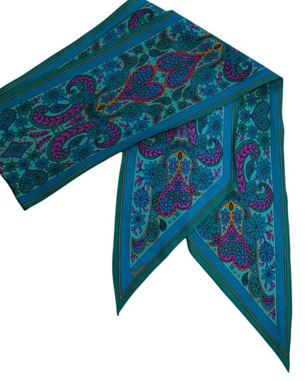Elegant Vintage VERA Teal and Pink Silk Scarf Paisley