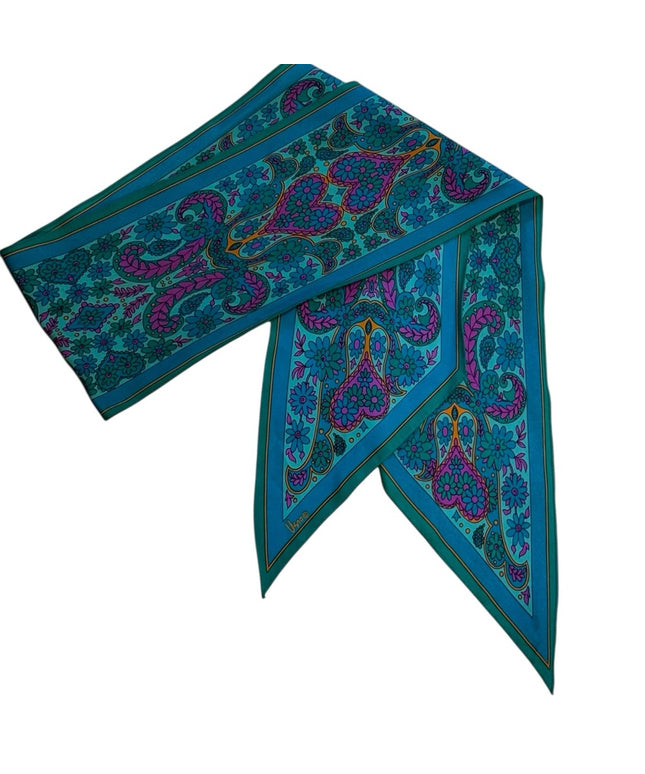 Elegant Vintage VERA Teal and Pink Silk Scarf Paisley