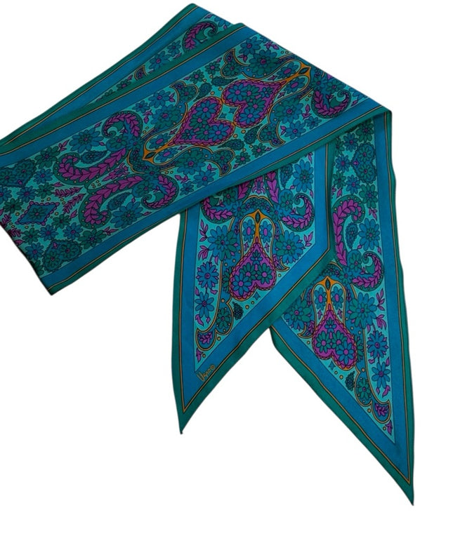 Elegant Vintage VERA Teal and Pink Silk Scarf Paisley