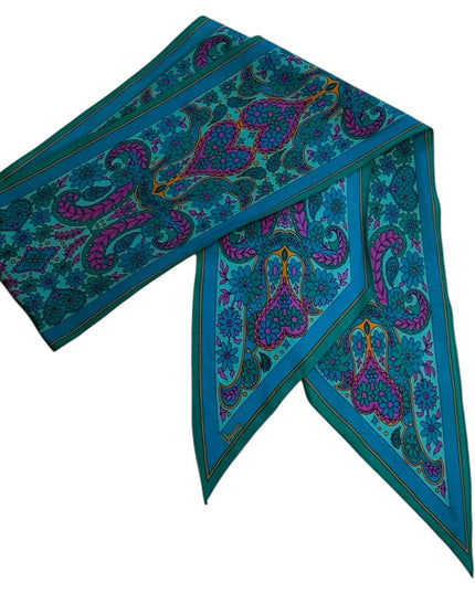 Elegant Vintage VERA Teal and Pink Silk Scarf Paisley