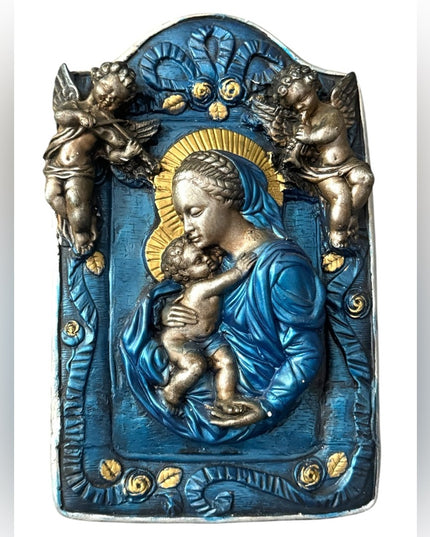 Blue Gold Religious Plaque with Cherubs Mary Jesus Madonna Vintage Plaster