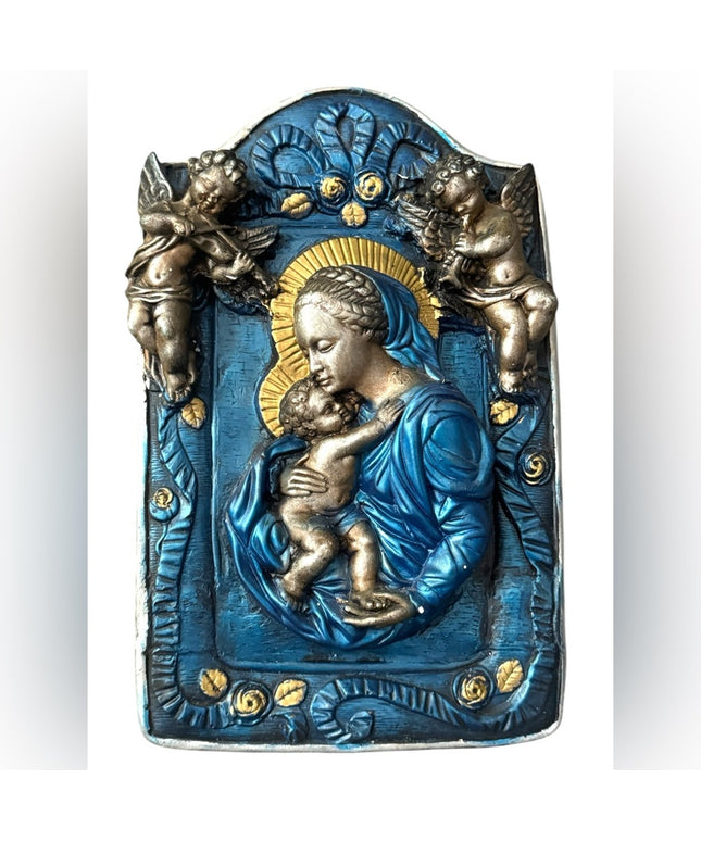 Blue Gold Religious Plaque with Cherubs Mary Jesus Madonna Vintage Plaster