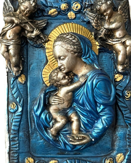 Blue Gold Religious Plaque with Cherubs Mary Jesus Madonna Vintage Plaster