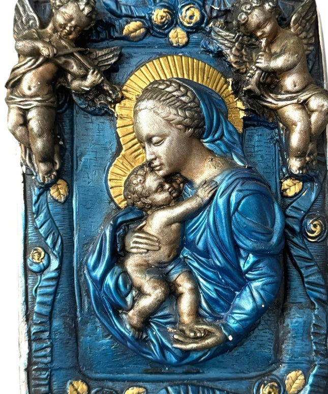 Blue Gold Religious Plaque with Cherubs Mary Jesus Madonna Vintage Plaster
