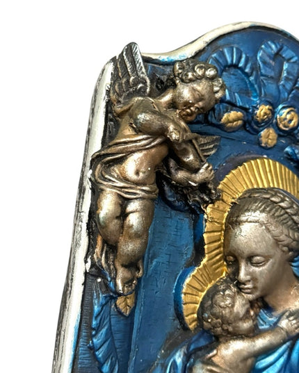Blue Gold Religious Plaque with Cherubs Mary Jesus Madonna Vintage Plaster