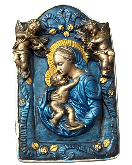 Blue Gold Religious Plaque with Cherubs Mary Jesus Madonna Vintage Plaster