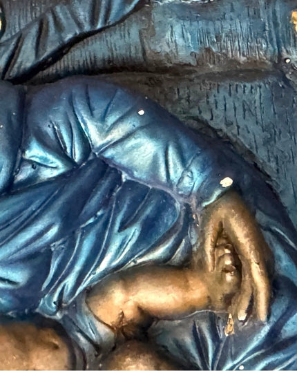 Blue Gold Religious Plaque with Cherubs Mary Jesus Madonna Vintage Plaster