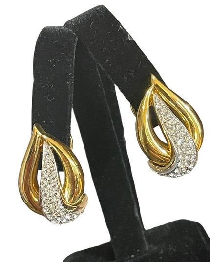 - Fine Oscar De La Renta Gold plate rhinestone tear drop pierced earrings