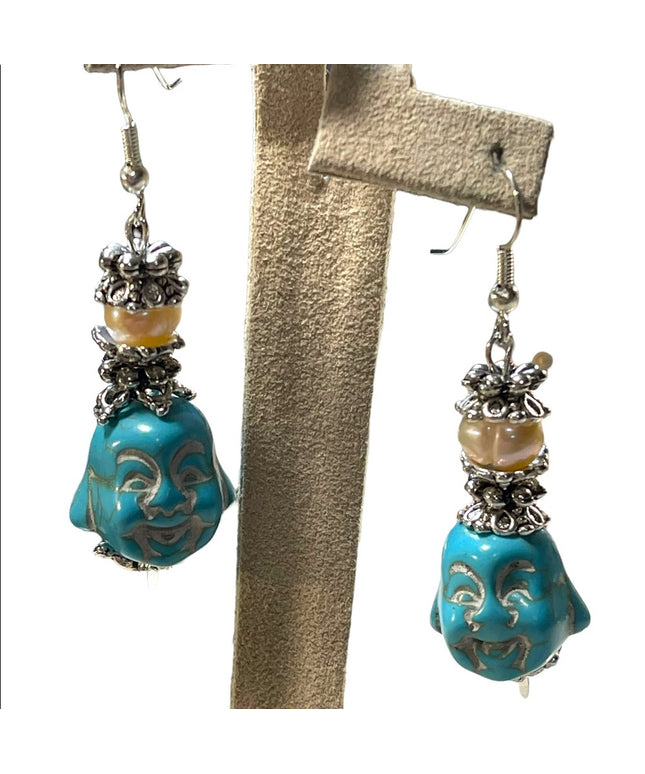 Artisan Dyed Howlite & Fresh water pearl chunky Buddah dangle earrings
