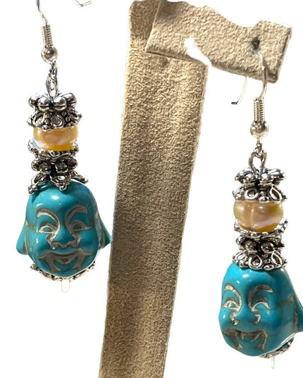 Artisan Dyed Howlite & Fresh water pearl chunky Buddah dangle earrings