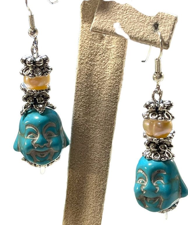 Artisan Dyed Howlite & Fresh water pearl chunky Buddah dangle earrings