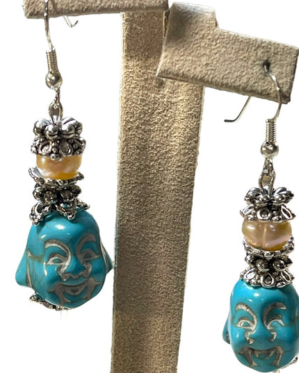 Artisan Dyed Howlite & Fresh water pearl chunky Buddah dangle earrings