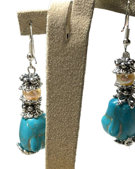 Artisan Dyed Howlite & Fresh water pearl chunky Buddah dangle earrings