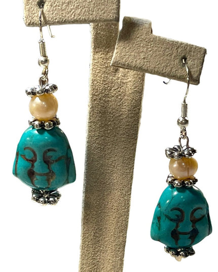Artisan New Dyed Howlite & Fresh water pearl Buddah dangle chunky earrin…