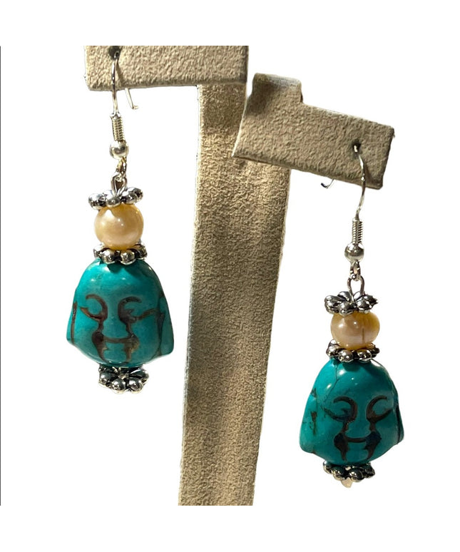 Artisan New Dyed Howlite & Fresh water pearl Buddah dangle chunky earrin…