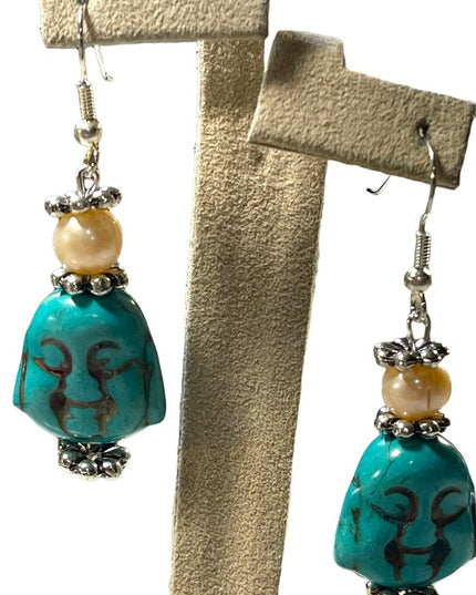 Artisan New Dyed Howlite & Fresh water pearl Buddah dangle chunky earrin…
