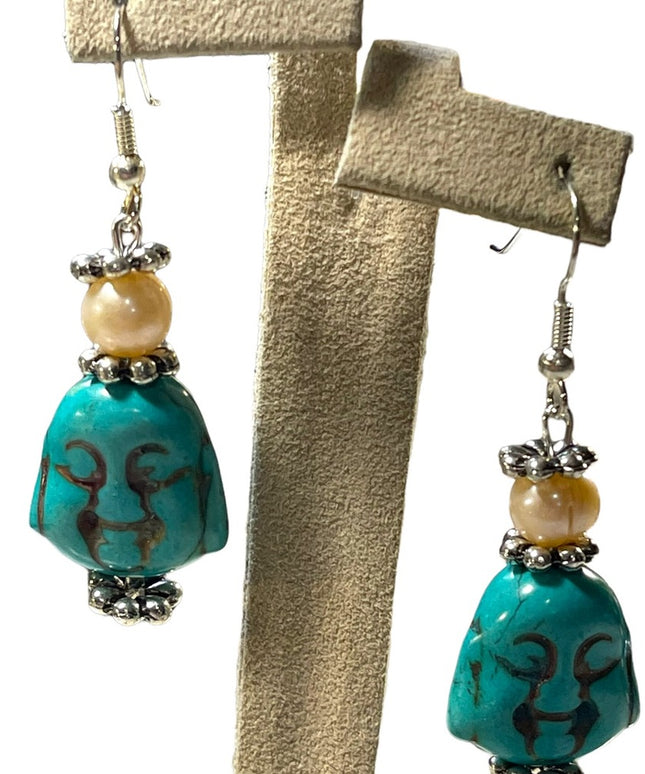 Artisan New Dyed Howlite & Fresh water pearl Buddah dangle chunky earrin…