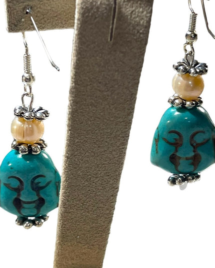 Artisan New Dyed Howlite & Fresh water pearl Buddah dangle chunky earrin…