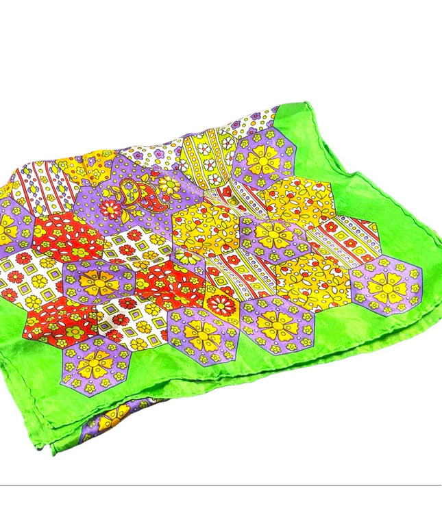 Vintage 1970s Flower paisely geometric colorful green silk handmade scarf