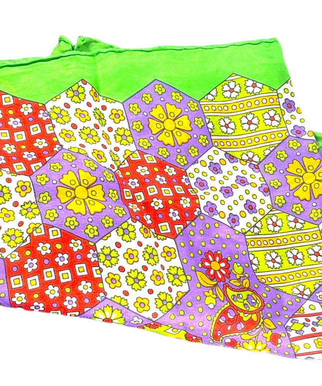 Vintage 1970s Flower paisely geometric colorful green silk handmade scarf