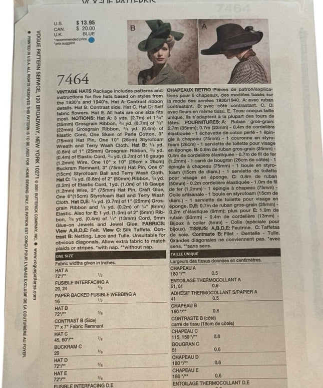Elegant #7464 VOGUE Retired Sewing Pattern UNCUT Women's Hats High Society