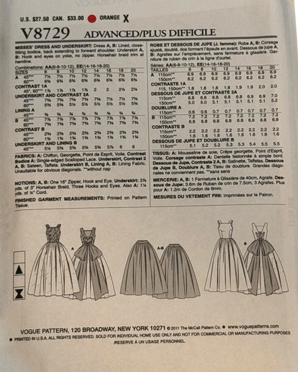 Vogue #8729 Wedding Dress Retired Gown for Bride Sewing Pattern UnCT 14 16 18 20