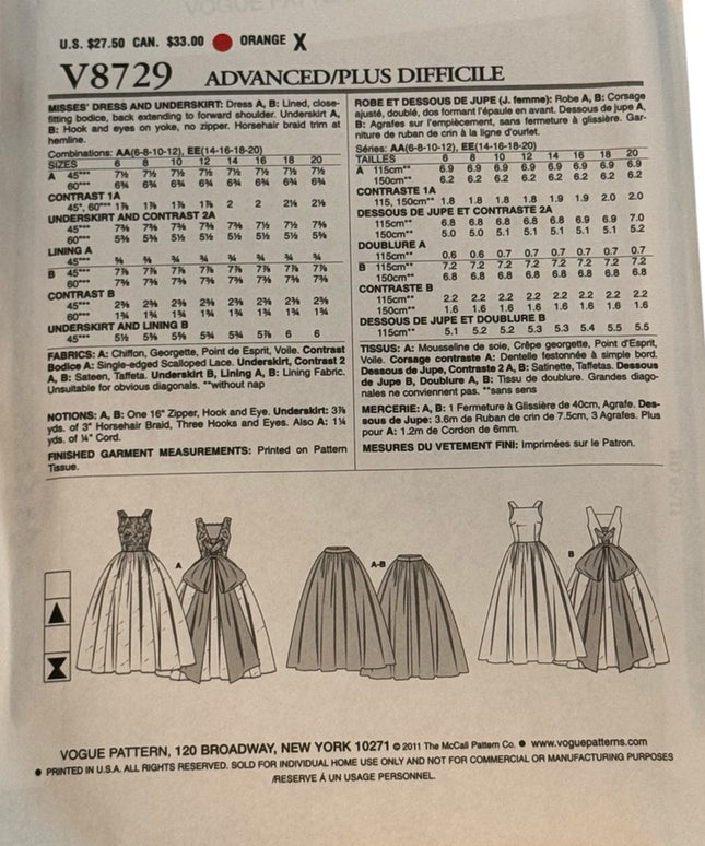 Vogue #8729 Wedding Dress Retired Gown for Bride Sewing Pattern UnCT 14 16 18 20