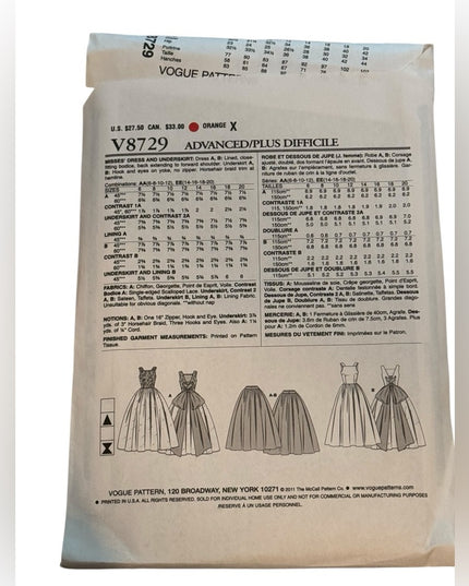 Vogue #8729 Wedding Dress Retired Gown for Bride Sewing Pattern Uncut 6 8 10 12