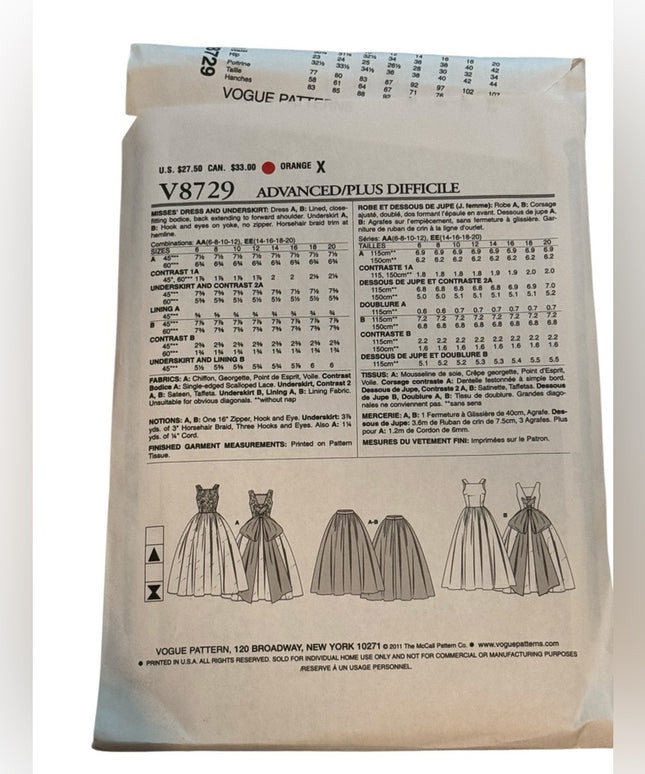 Vogue #8729 Wedding Dress Retired Gown for Bride Sewing Pattern Uncut 6 8 10 12